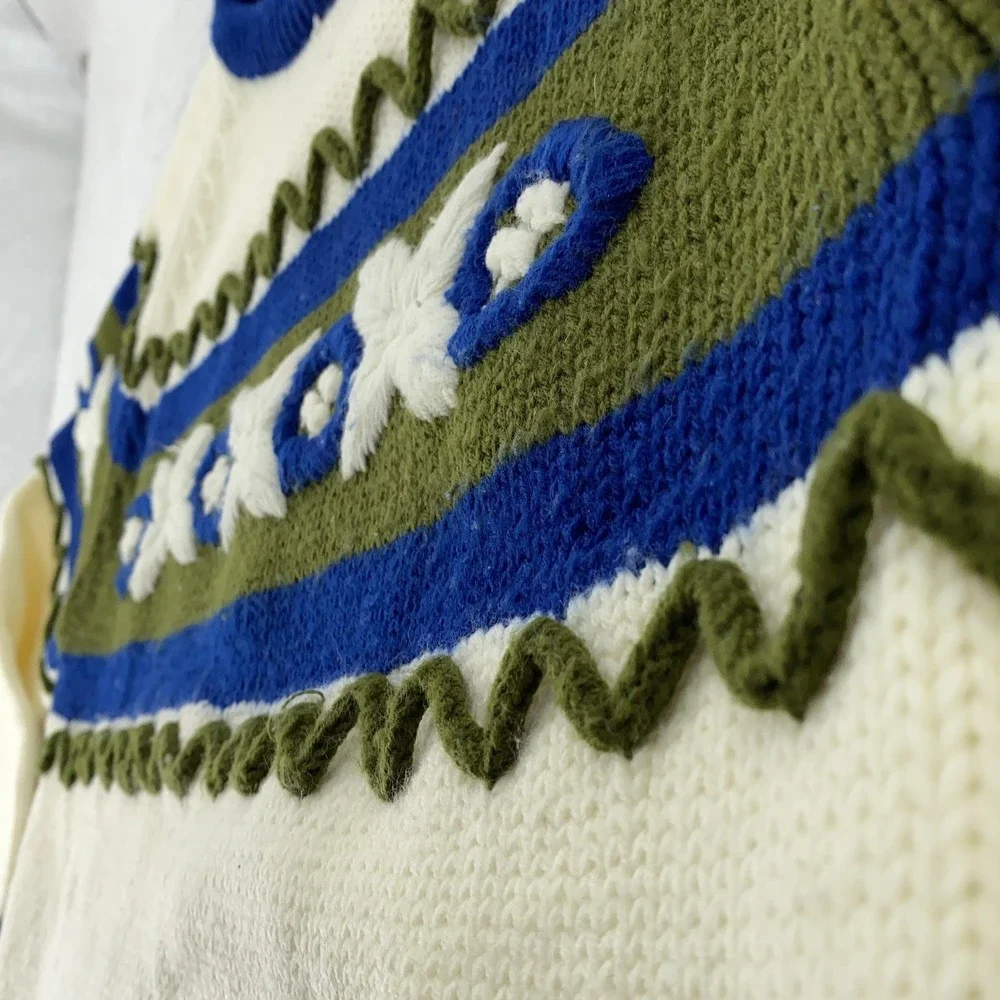 Vintage 70s Kimlon 3D Embroidered Chunky‎ Knit Sweater XS Shoulder Zipper Korea